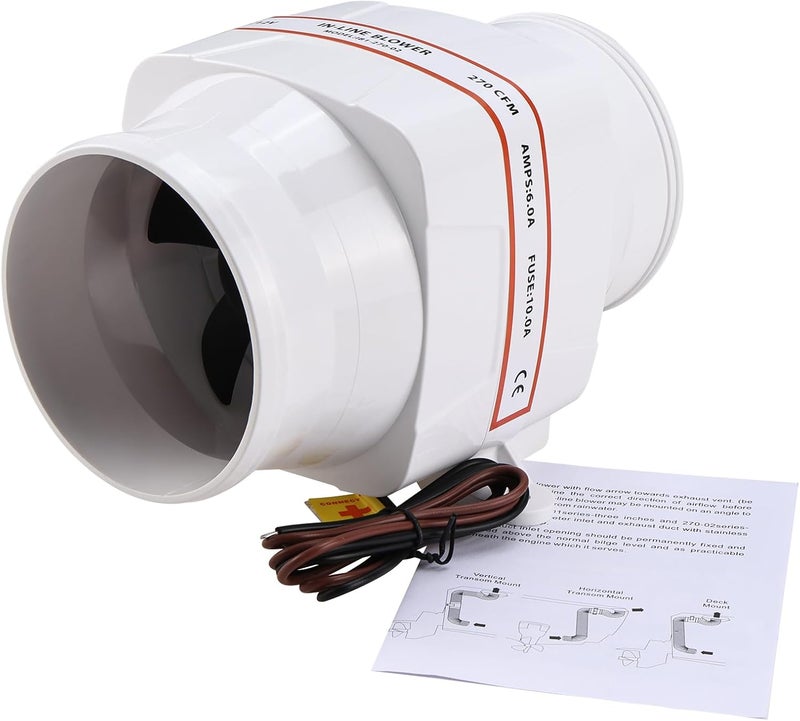 NovelBee Marine 12V Electric 4" in-Line Bilge Air Blower,270CFM Boat in-Line Blower with Six Blade Fan - Image 1